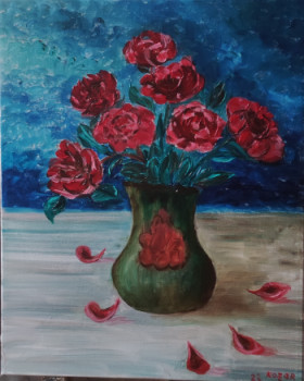 Named contemporary work « Roses dans un vase vert », Made by KOZAR