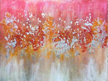 Named contemporary work « Abstraction colorée rose fuchsia argenté copeaux argentés », Made by PATRICIA DELEY
