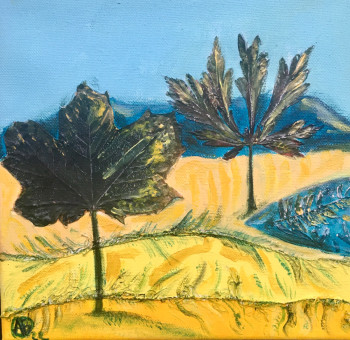 Named contemporary work « Paysage jaune et bleu  au lac », Made by AGNèS BENNETOT