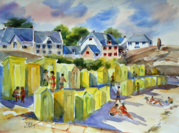Named contemporary work « L'été sur la plage aux cabines jaune du port de Batz sur Mer. (21-003) », Made by JACQUELINE PELON