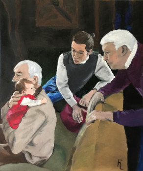 Named contemporary work « Trois hommes et un bébé », Made by FRANCK LUGINBUHL