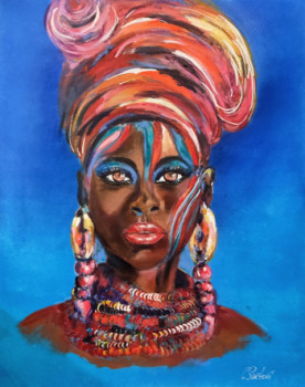 Named contemporary work « Femme africaine fond bleu », Made by CLICKART+