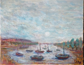 Named contemporary work « tableau peinture huile/Toile paysage Vintage provence marin Bateaux 24x30cm signé », Made by SYLVAIN DEZ