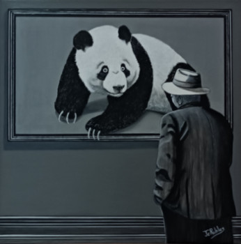 Named contemporary work « Un homme regarde dans une exposition un tableau représentant un panda. », Made by JEAN-CLAUDE ROBLES
