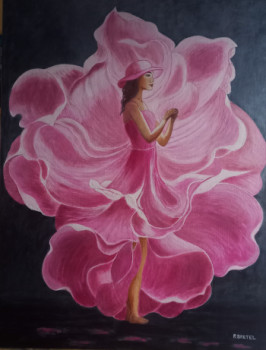 Named contemporary work « " La Femme Fleur " Une toile style un peu onirique ! des pétales dans un dégradé de roses ! », Made by PATRICIA BRETEL