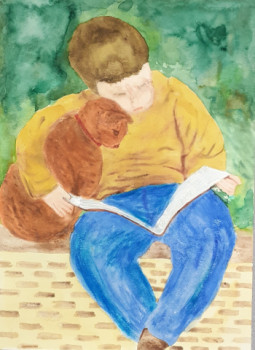 Named contemporary work « L'enfant et son chat », Made by NATHALIE ARCHAMBAUD