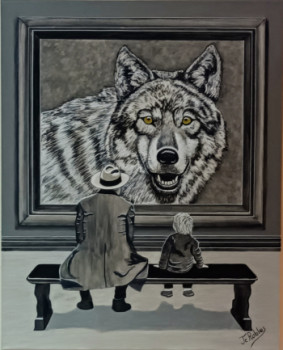Named contemporary work « Un homme et son petit fils admirent dans une exposition un tableau représentant un loup. », Made by JEAN-CLAUDE ROBLES