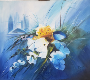 Named contemporary work « Bouquet de Fleur dans le bleu », Made by LES PEINTURES DE JOELLE BROUILLARD