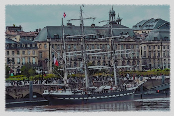 Named contemporary work « Le Belem sur les quais de Bordeaux », Made by DOMINIQUE DULOT DIGITAL