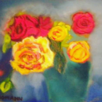 Named contemporary work « Les roses rouges et jaunes dans un vase bleu », Made by ELLE *