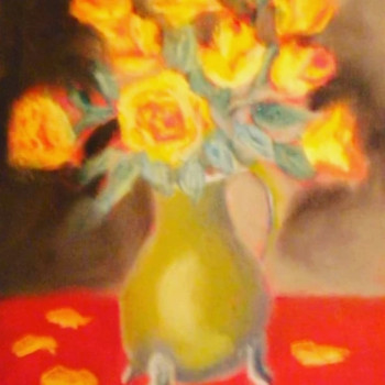 Named contemporary work « Les roses ocres jaunes dans vase cuivré. », Made by ELLE *