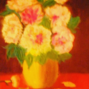 Named contemporary work « Les pivoines au vase ocre jaune. », Made by ELLE *