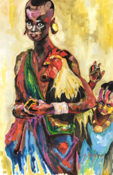 Named contemporary work « Jeune africaine au coq », Made by G.MAZAN
