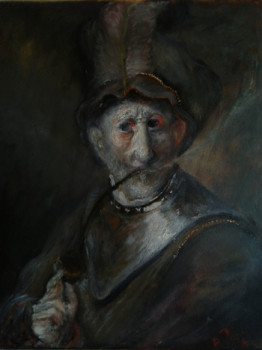 Named contemporary work « Inspiré de Rembrandt, Old Military in Armor, Smoking his Pipe », Made by LA CIGOGNE