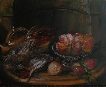 Named contemporary work « Nature Morte au Coq Déplumé et aux Fruits », Made by LA CIGOGNE