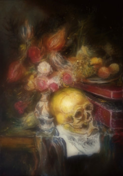 Named contemporary work « Vanité au Vase à Fleurs et une Assiette de Fruits », Made by LA CIGOGNE