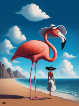 Named contemporary work « La rencontre onirique du Flamant rose et de la dame au chapeau », Made by KIKá GóMEZ ILIAN