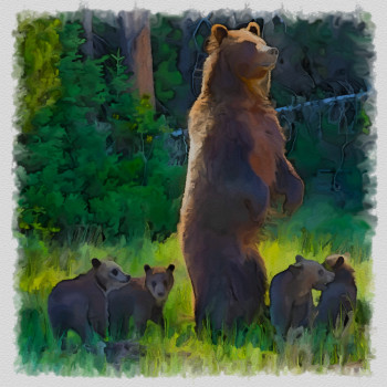 Named contemporary work « Yellowstone la famille grizzly », Made by DOMINIQUE DULOT DIGITAL