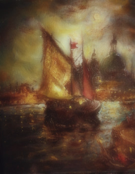 Named contemporary work « Un bateau rentrant au Port de Venise, de Nuit », Made by LA CIGOGNE