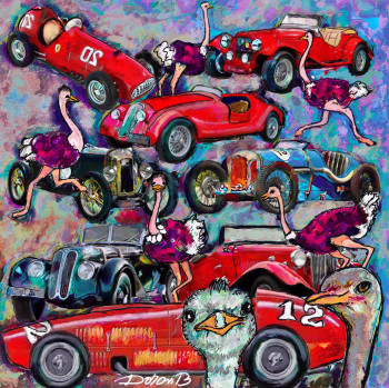 Named contemporary work « Colorful red cars and autruches », Made by DORON B