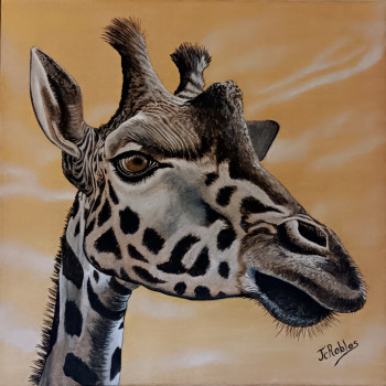 Named contemporary work « Une tête de girafe mâle (avec la bosse sur le front). Peinture Originale acrylique. », Made by JEAN-CLAUDE ROBLES