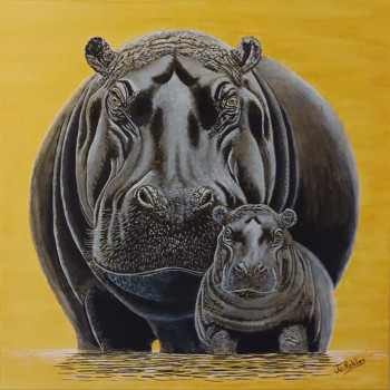 Named contemporary work « Hippopotames sur toile 100 % coton 340 g/m2. Peinture Originale acrylique. », Made by JEAN-CLAUDE ROBLES