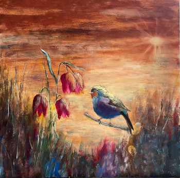 Named contemporary work « L’oiseau, fleurs au coucher de soleil », Made by HONG