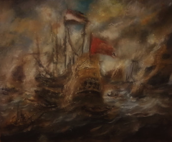 Named contemporary work « Inspiré de Willem Van de Velde, The Dutch Fleet is Burning », Made by LA CIGOGNE