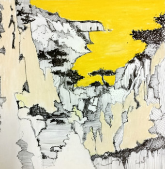 Named contemporary work « calanque en jaune, dessin a l'encre et pastel, monochrome », Made by LOUIS LEFLOCH