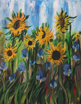 Named contemporary work « Tournesols et iris », Made by HUBERT BRIDOUX