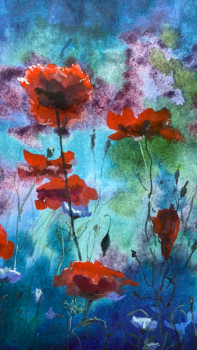 Named contemporary work « Aquarelle de coquelicots sur fond bleu. », Made by COLORLINKA