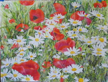 Named contemporary work « coquelicots et marguerites », Made by MICHELLE FERRAND