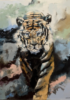 Named contemporary work « Sa majesté: le tigre. huile au couteau », Made by VETOKI