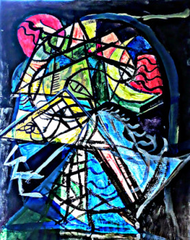 Named contemporary work « Motifs géométrique répétés, acrylique et gouache sur 4 feuilles A3 juxtaposées », Made by ANTOINE