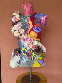 Named contemporary work « Buste peint Flowers », Made by VALéRIE RIOU