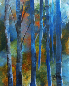 Named contemporary work « forêt sur fond coloré », Made by SYLVIE PINON