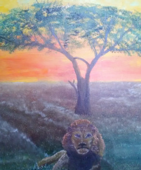 Named contemporary work « Couchée de soleil savane Lion », Made by GEGE PEINTURE