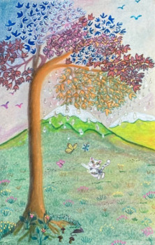 Named contemporary work « Papillons jouant avec un chaton », Made by KATIA HUIDOBRO-MARAIS