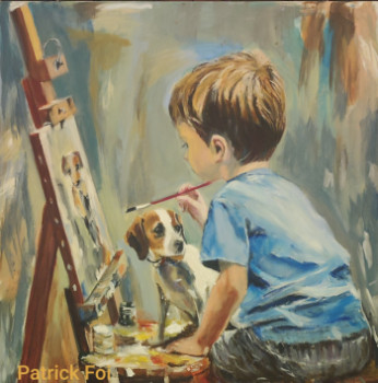 Named contemporary work « Enfant peintre avec son petit chien », Made by PATRICK FOI