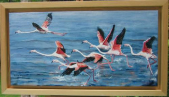 Named contemporary work « Les flamants roses en Camargue », Made by DANIELLE DE BLOCK