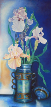 Named contemporary work « Les Iris au vase bleu mexicain », Made by ABERNARDO