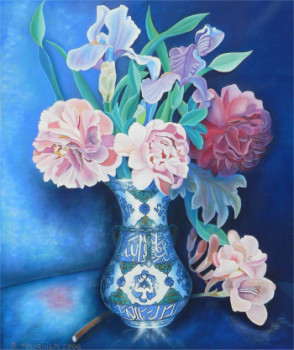 Named contemporary work « Vase bleu aux paéonias », Made by ABERNARDO