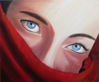 Named contemporary work « Visage de femme au voile rouge », Made by GWEN