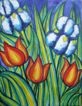 Named contemporary work « Iris et Tulipes », Made by STEPHANE CUNY