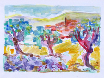 Named contemporary work « Le Village au trois arbres », Made by LILIANE LOINTIER