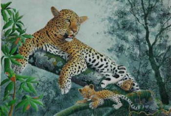 Named contemporary work « FEMELLE LEOPARD ET SON JEUNE », Made by MICHEL MICHAUX