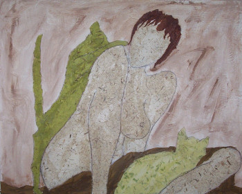 Named contemporary work « Les chats verts  », Made by DEVAREWAERRE RéGINE