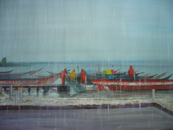 Named contemporary work « L'embarcadère sous la pluie », Made by SYLVIANE