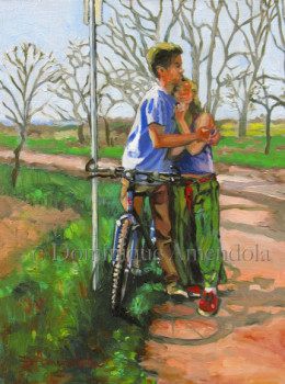 Named contemporary work « Couple s&#8217;appuyant contre une bicyclette », Made by DOMINIQUE AMENDOLA