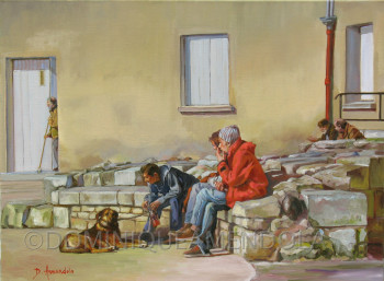 Named contemporary work « Trois gars avec un chien », Made by DOMINIQUE AMENDOLA